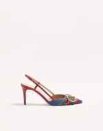 Valentino Vlogo Signature Slingback Pumps In Denim With Cherryfic Embroidery 80Mm